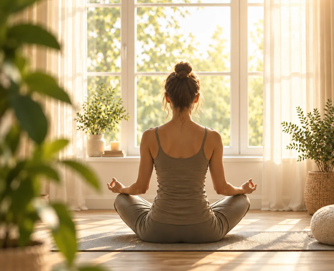 Frau bei einer ruhigen Meditation am Fenster